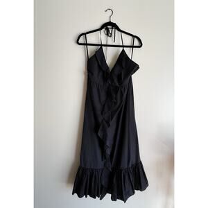 J. Crew Black + White Polka Dot Ruffle V Neck Spaghetti Strap Halter Midi Dress